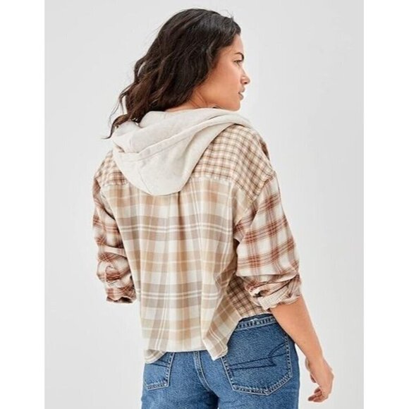 American Eagle Cropped‎ Hooded Multicolor Brown And Tan Flannel Shirt Size Small - Picture 4 of 16